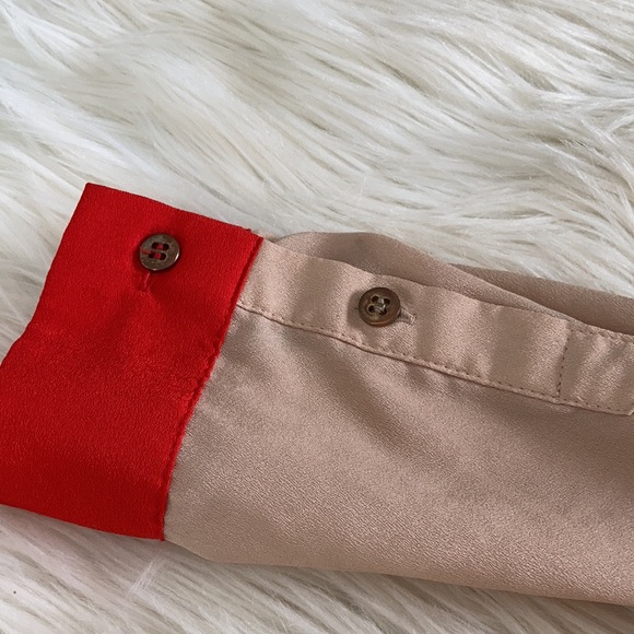 New York and company tan beige orange red button front long sleeve blouse top - Picture 11 of 17